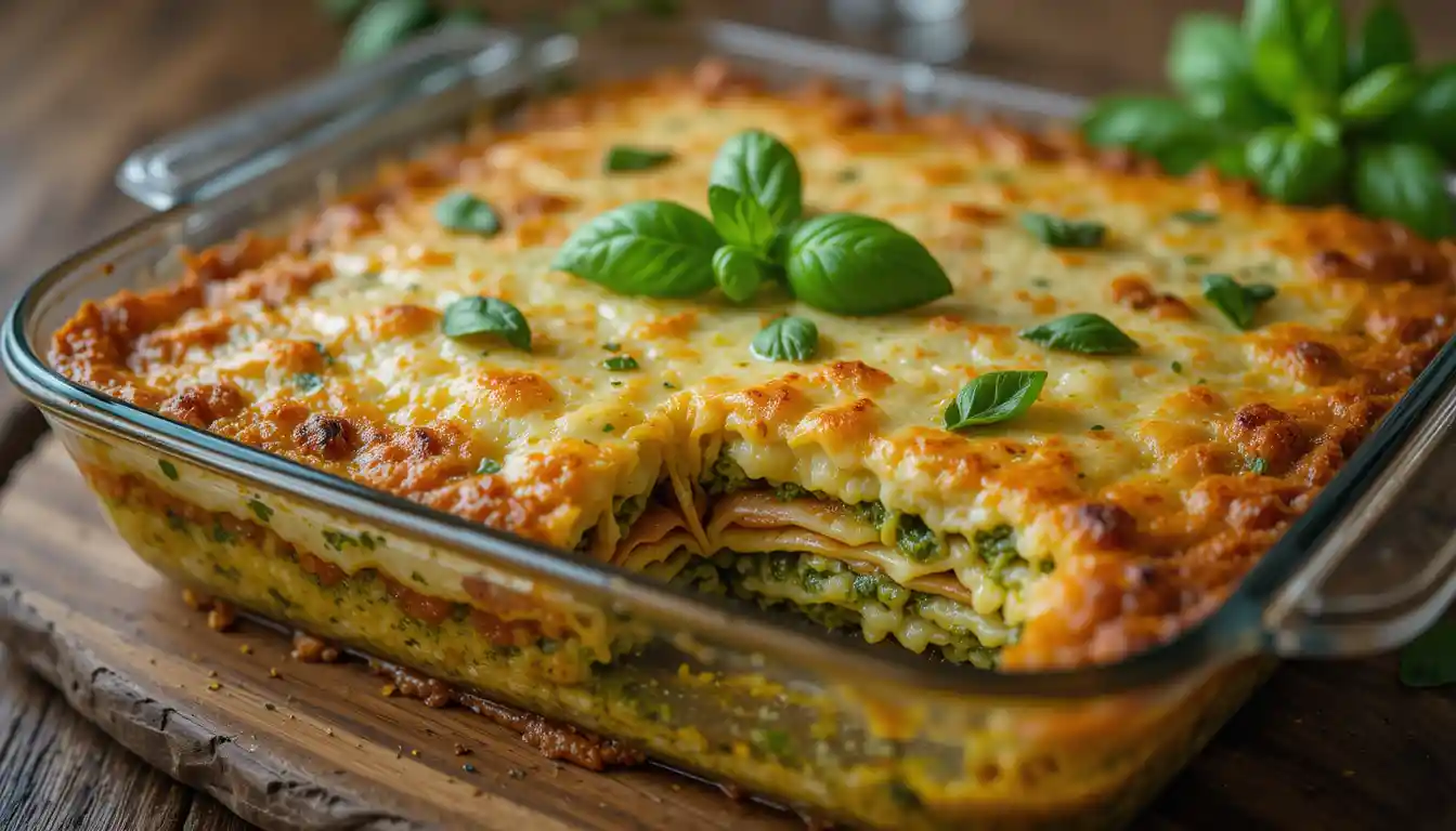 Pesto polenta lasagna baked to golden perfection in a casserole dish.