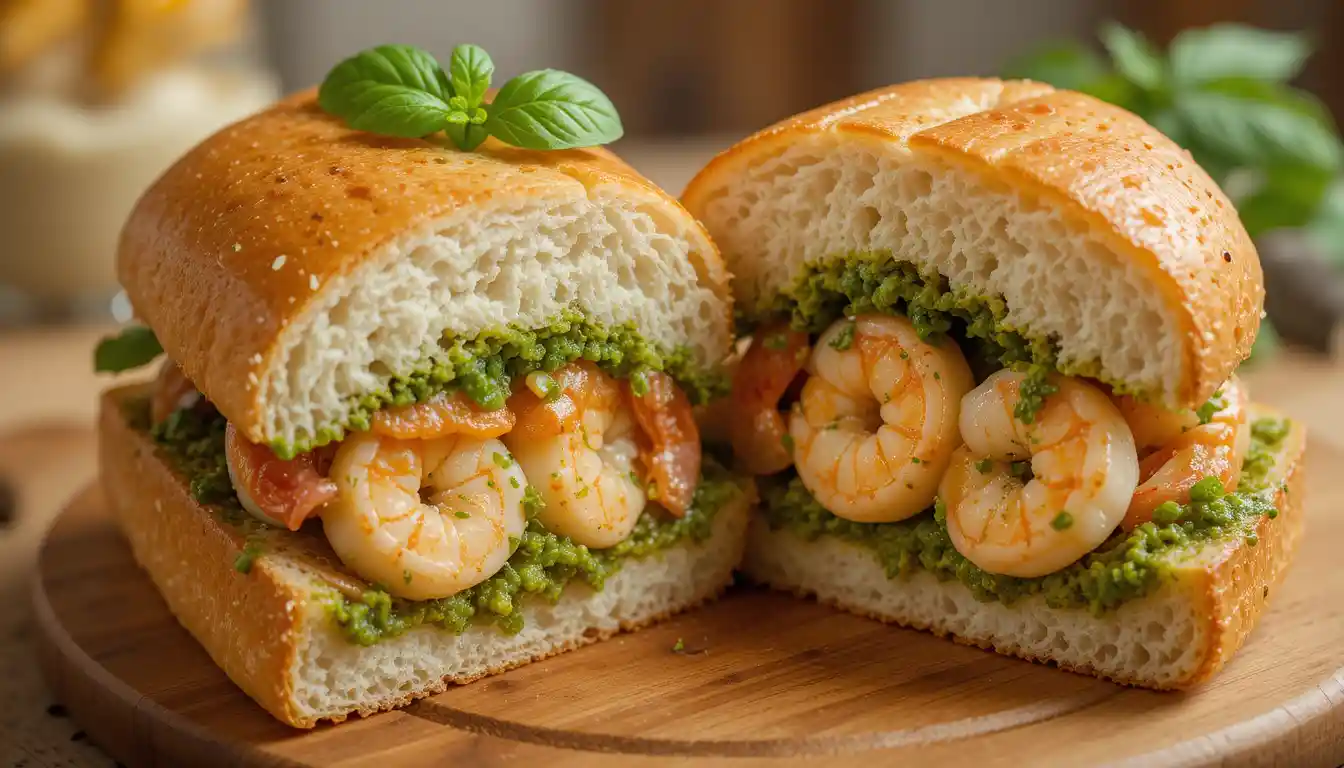 Pesto shrimp sandwich sliced and served on a wooden board