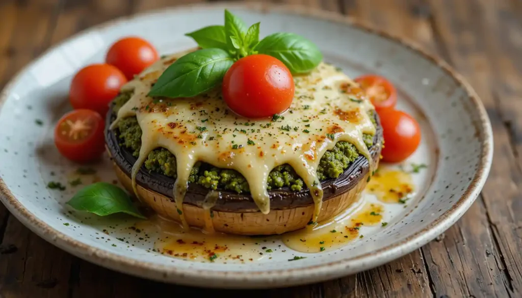 Grilled pesto-stuffed portobello mushroom with Parmesan and basil