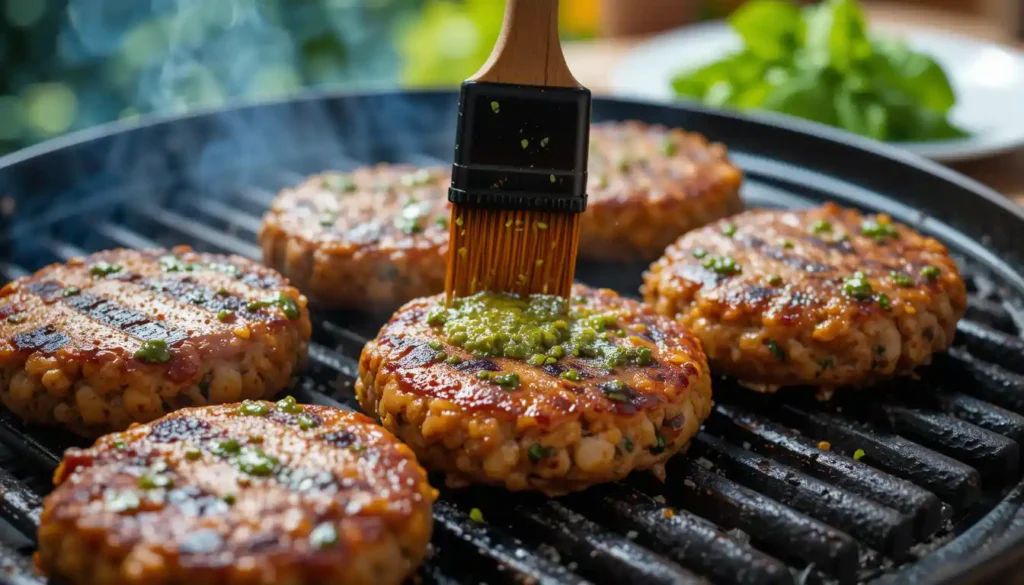 Pesto turkey burger patties cooking on a grill with visible grill marks.