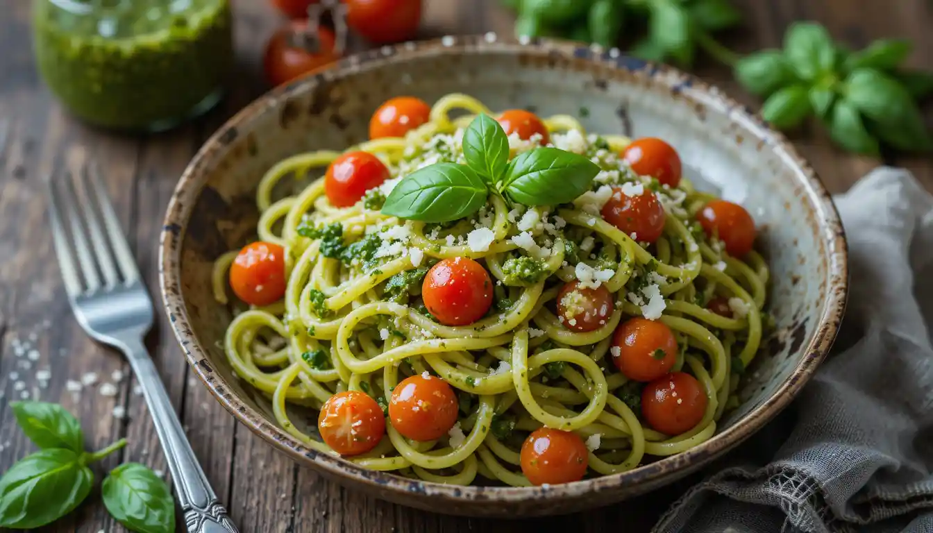 Bowl of pesto zoodles garnished with Parmesan and cherry tomatoes