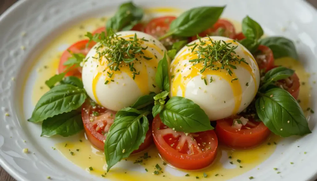 Poached eggs Caprese with fresh basil, mozzarella, and tomatoes