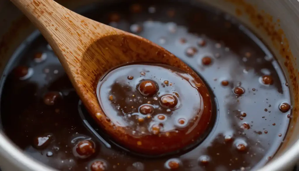 Quick Cantonese sauce ingredients and preparation with soy sauce, oyster sauce, and brown sugar on a kitchen counter.