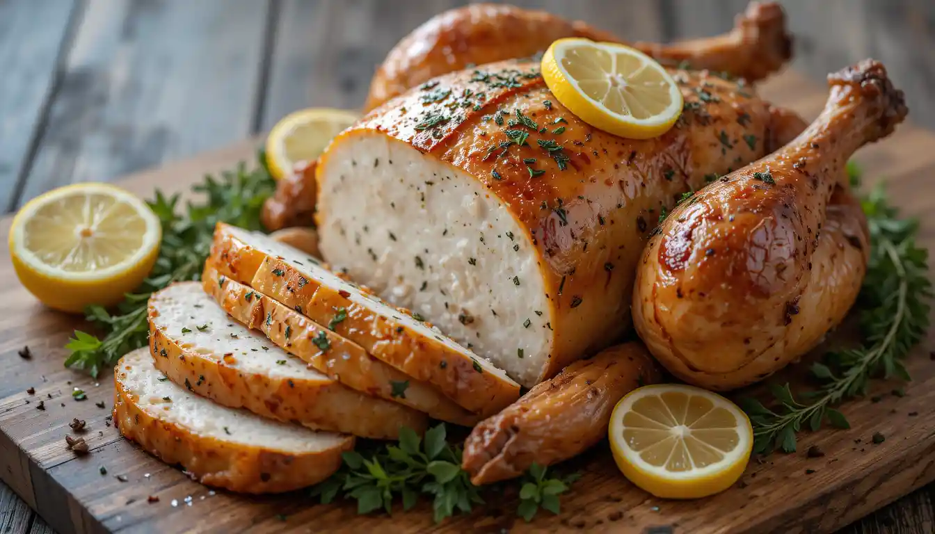 Golden-brown roast turkey breast garnished with herbs