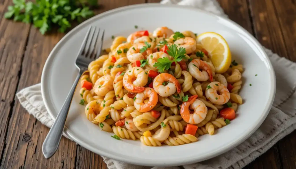 A bowl of Seafood Pasta Salad being tossed with shrimp, crab, pasta, and vegetables in a light dressing