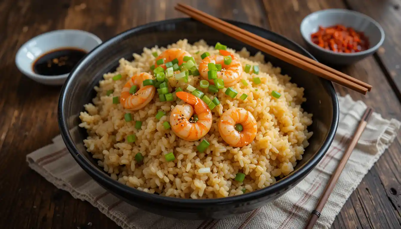 A bowl of Shrimp Fried Rice garnished with green onions and sesame seeds, served with chopsticks on a wooden table.