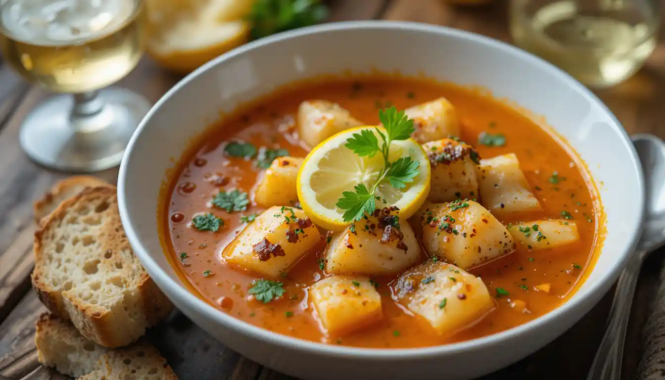 A pot of Spicy Lemon Fish Soup simmering with fish, chili, and lemon zest in a golden broth.