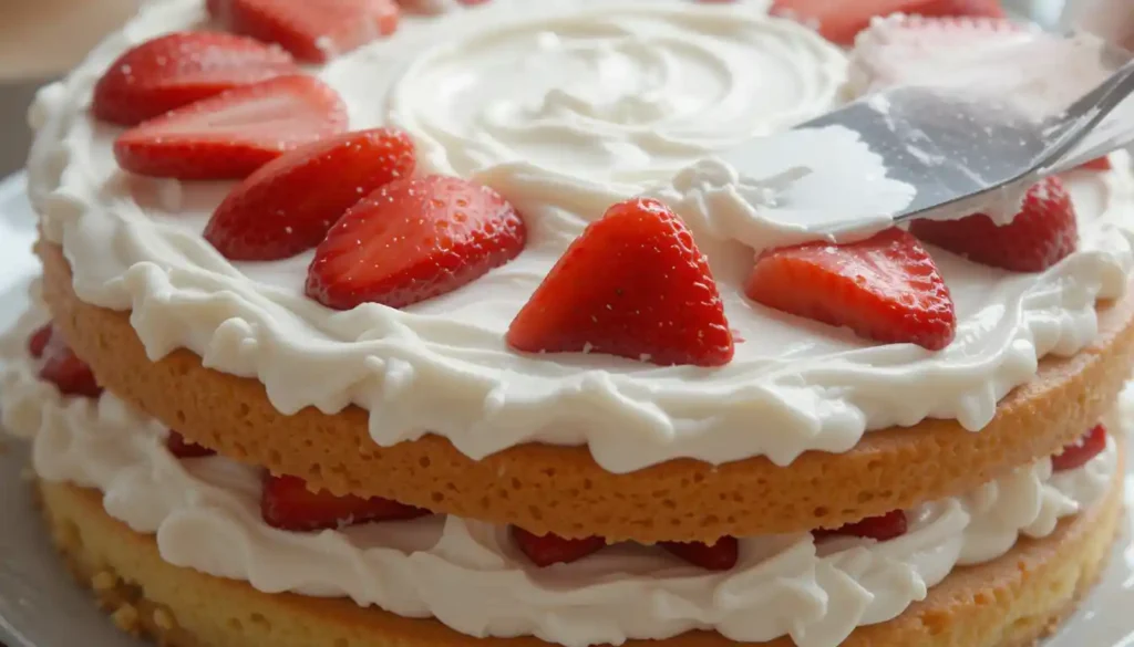 Assembling Strawberry Shortcake Cake with whipped cream and fresh strawberries.