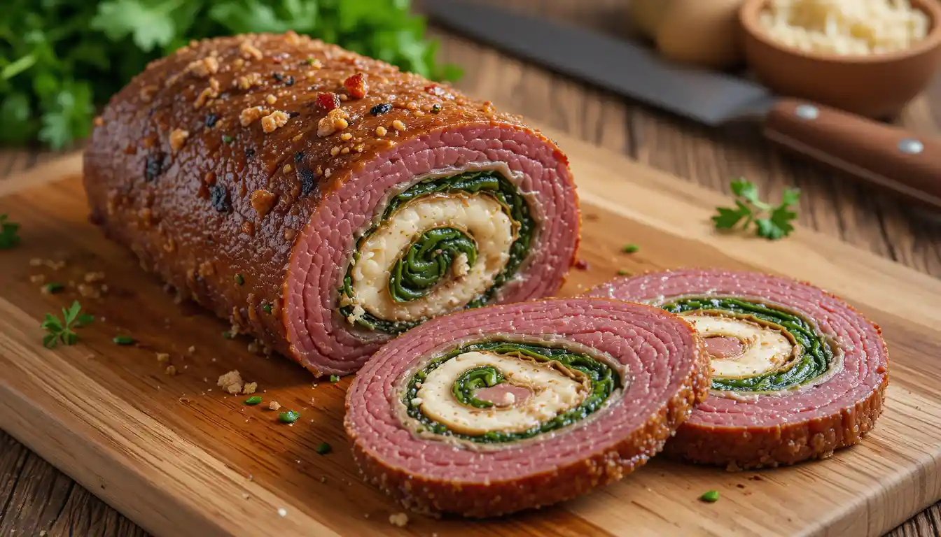 Sliced stuffed beef roll showcasing vibrant filling of spinach and cheese