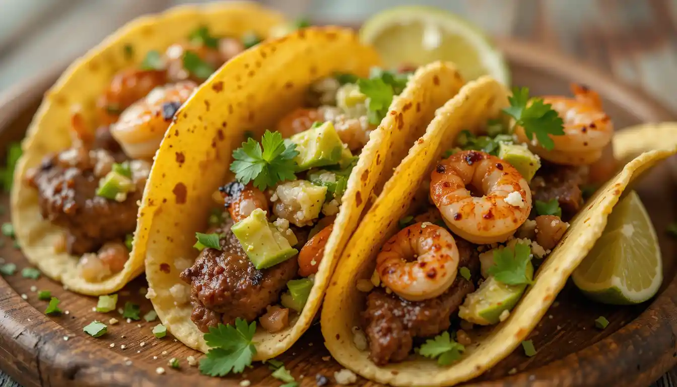 Surf and turf tacos with steak, shrimp, avocado, and cilantro on corn tortillas