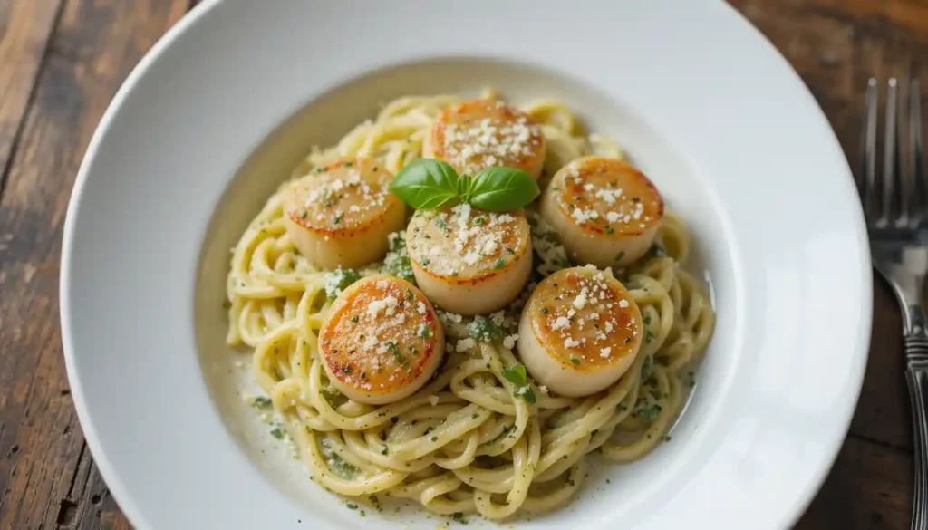 Scallops with pesto cream sauce served over pasta