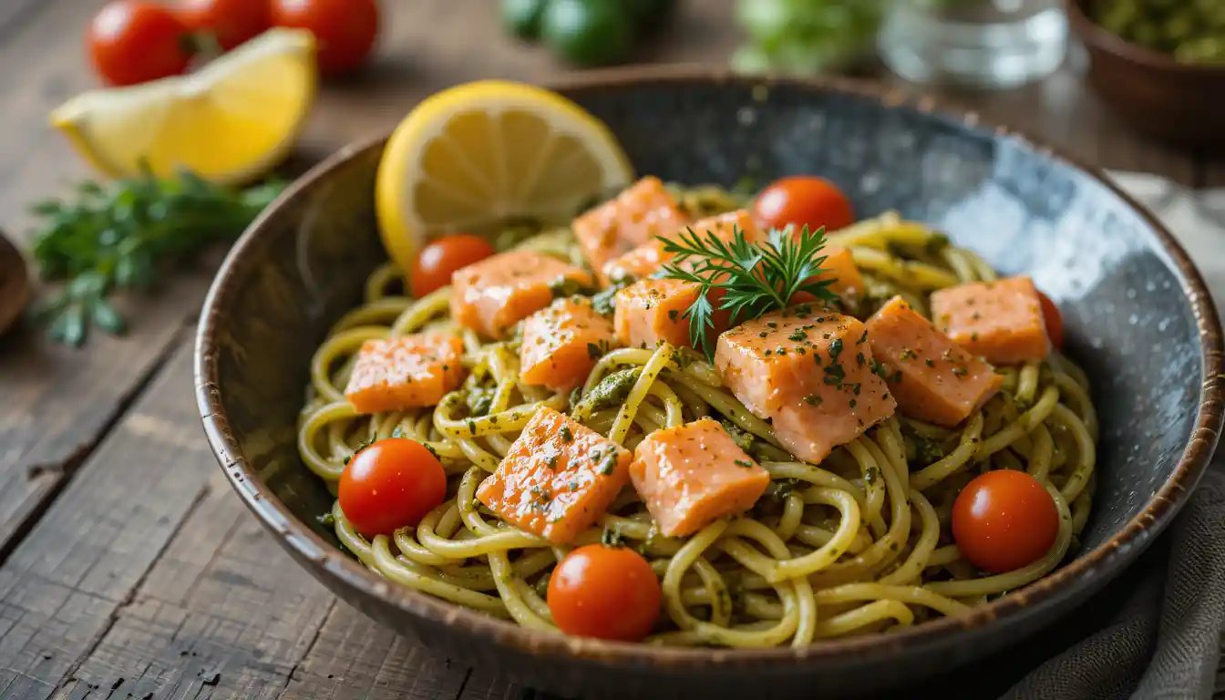 A plated serving of smoked salmon pesto pasta garnished with dill and cherry tomatoes.