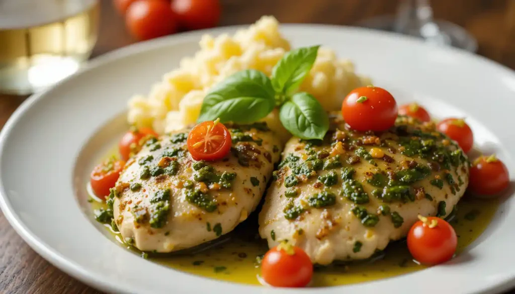 Spinach pesto chicken breasts served with basil and cherry tomatoes