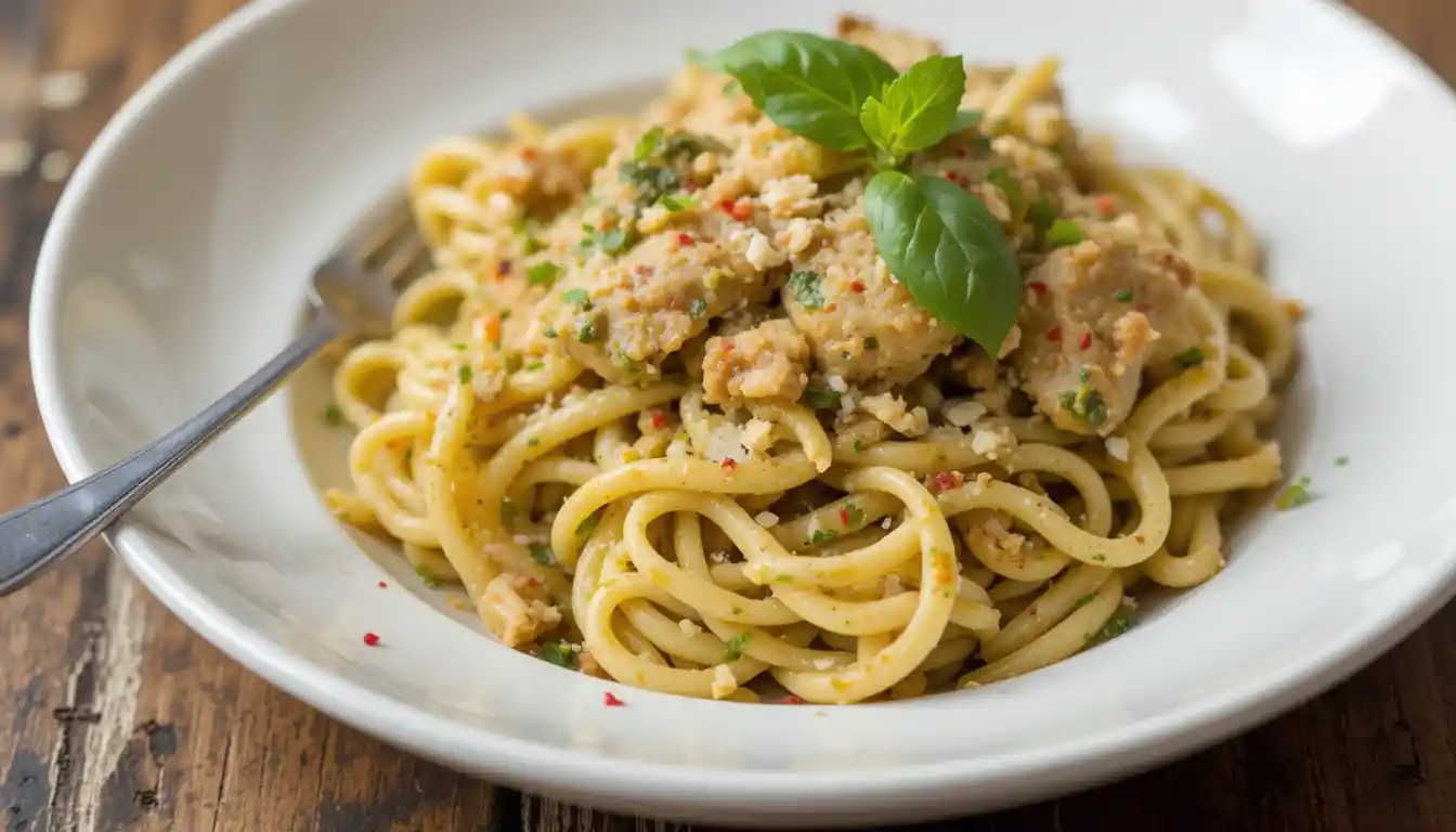 Plate of spicy pesto chicken and pasta garnished with basil and Parmesan