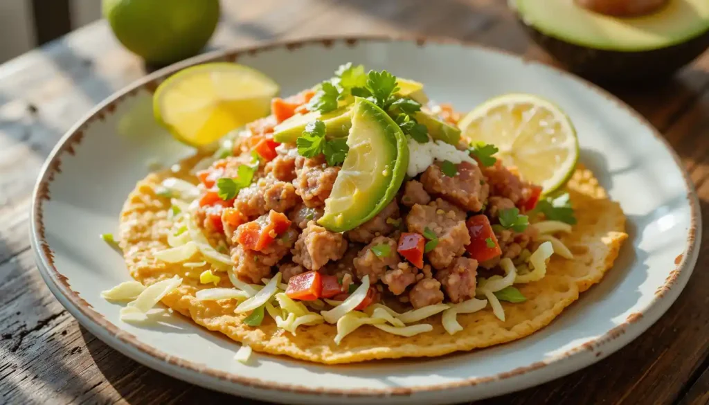 A beautifully plated tuna tostada with fresh toppings and lime wedges.