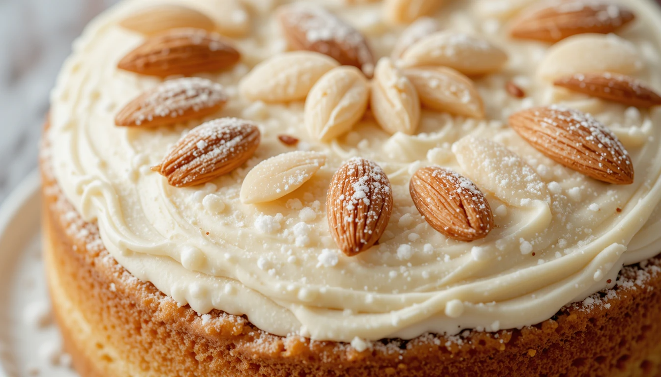 Vanilla almond cream cake topped with almond slices and powdered sugar