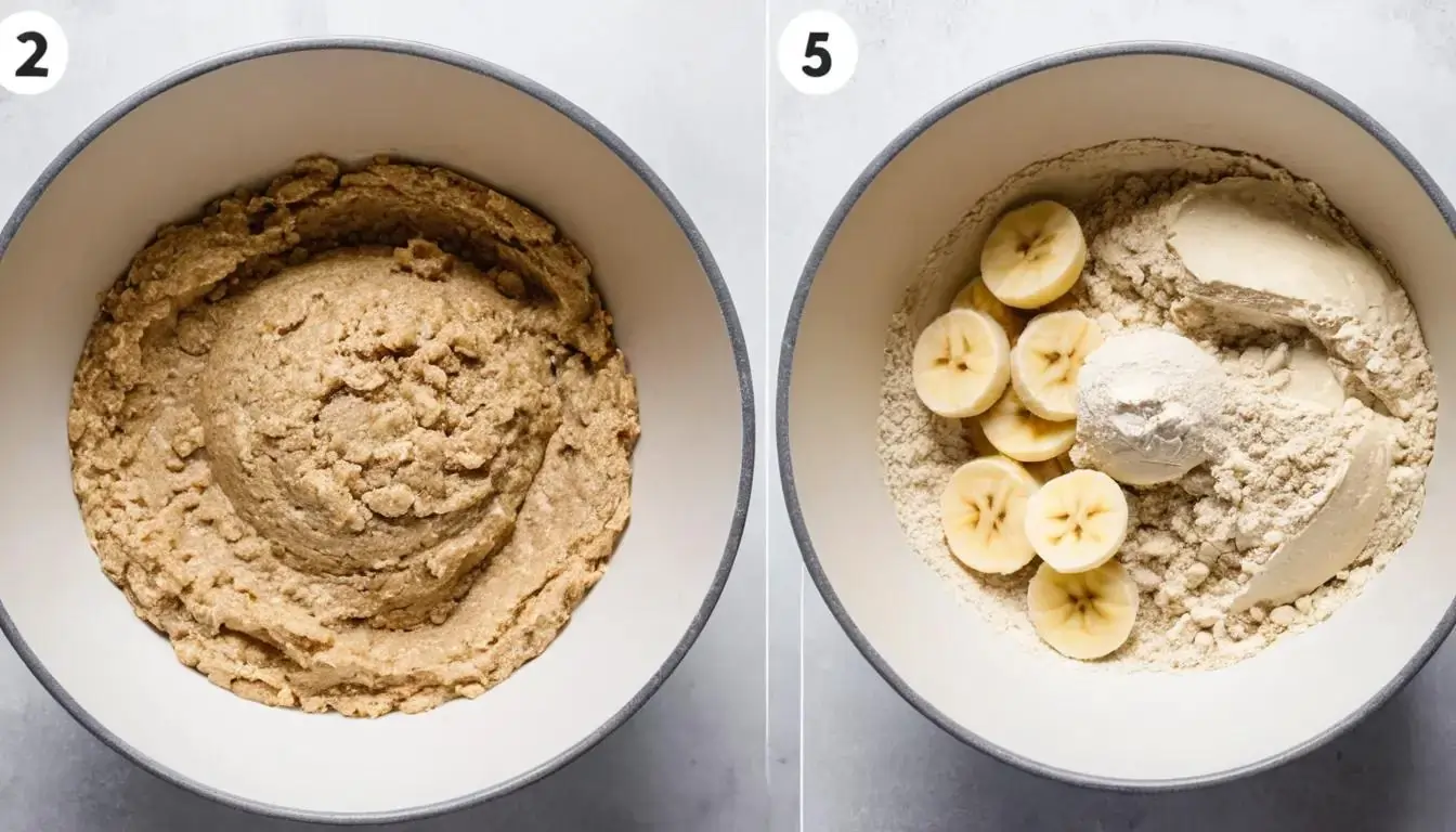 Ingredients for vegan banana muffins, including bananas, flour, sugar, and plant-based milk.