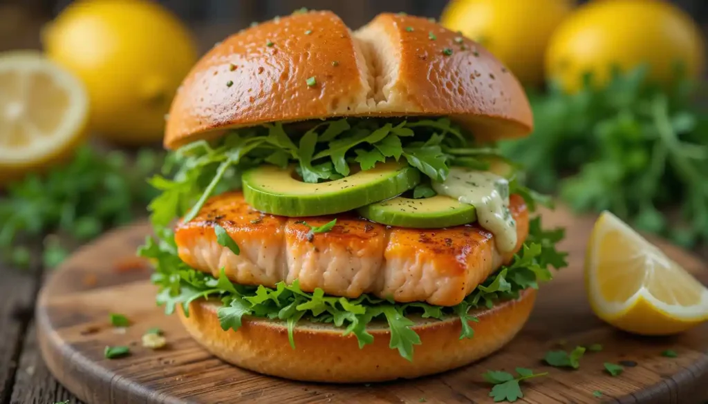 A delicious lemon salmon burger on a brioche bun with toppings.