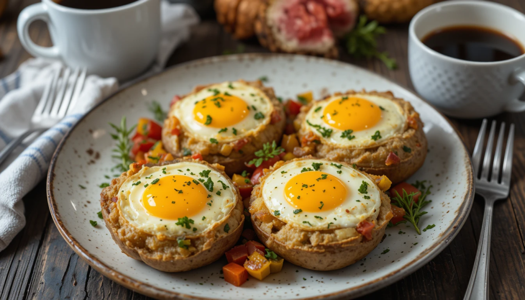 Ingredients for baked breakfast potatoes with eggs, including cubed potatoes, eggs, and vegetables.