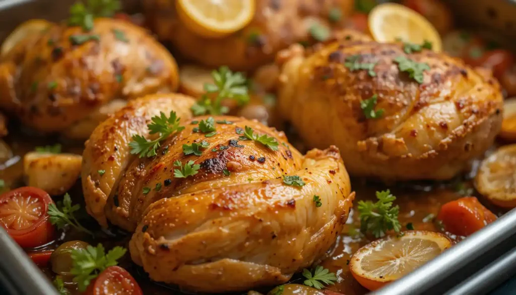 Baked chicken breasts and vegetables on a sheet pan with fresh parsley garnish.