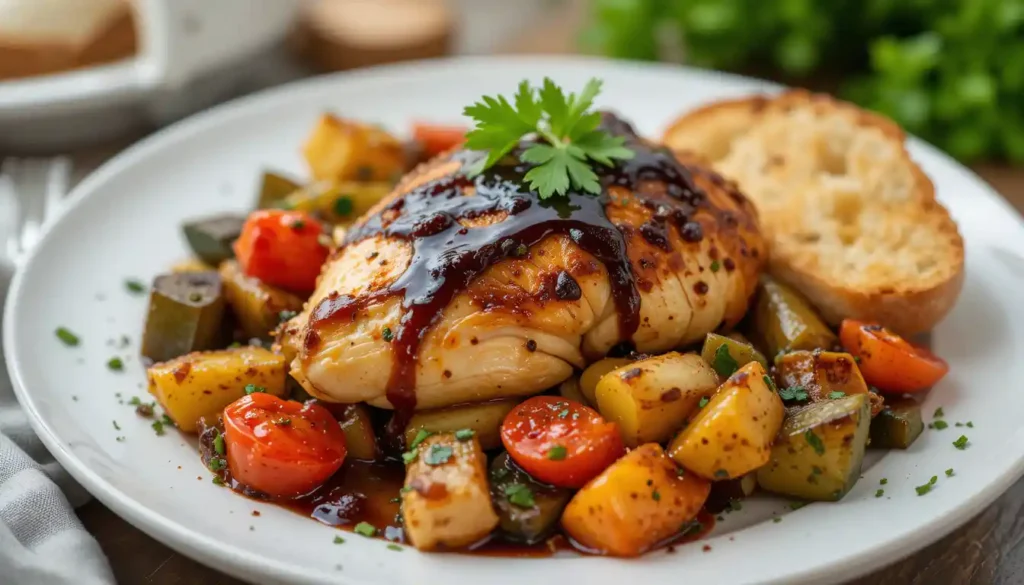 Baked Italian chicken dinner with roasted vegetables and fresh basil garnish.