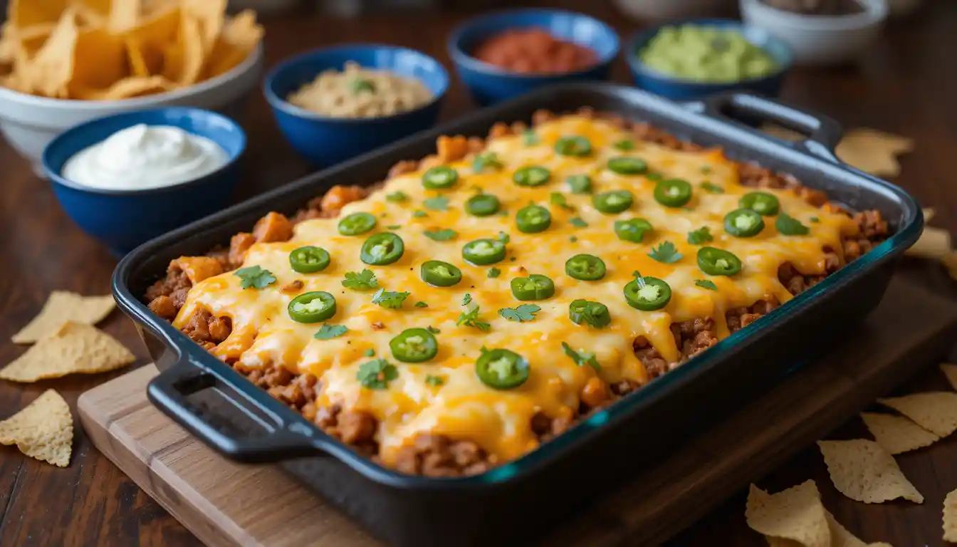 Baked beef nacho casserole garnished with cilantro and jalapeños, served with sour cream and salsa.