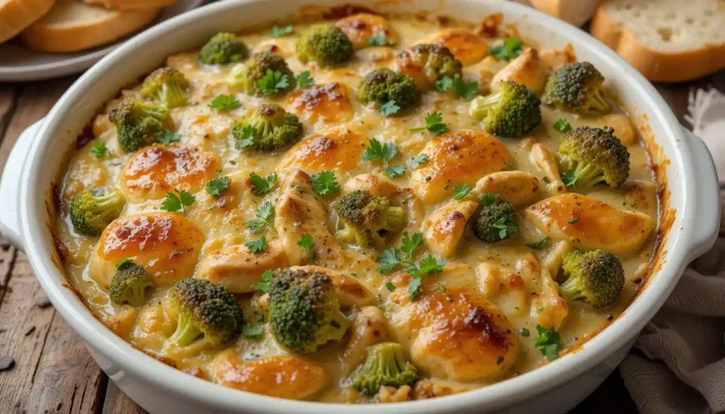 Broccoli chicken divan casserole with golden cheese and creamy sauce, garnished with fresh parsley.