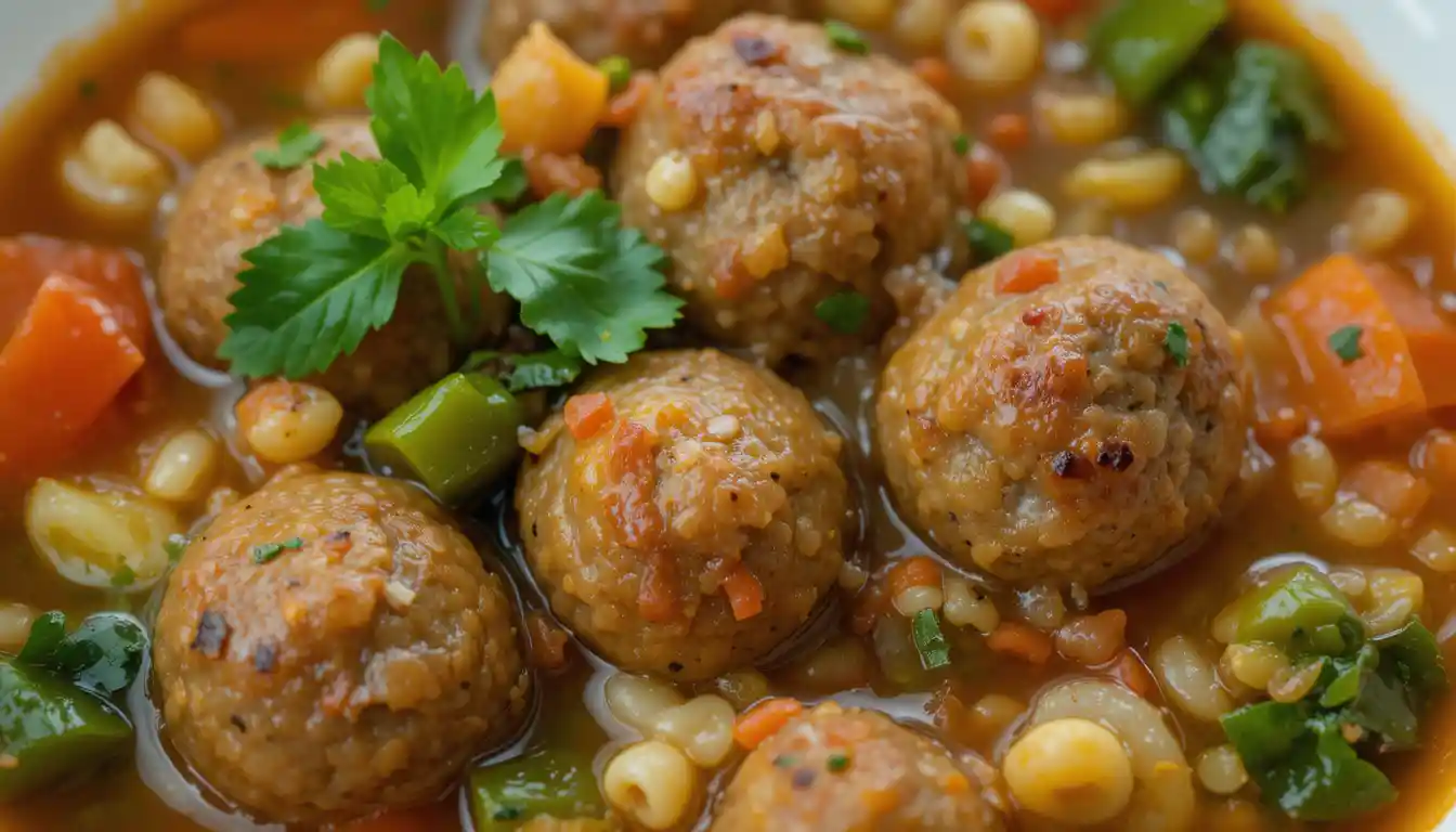 Close-up of meatballs and vegetables in California Italian Wedding Soup.