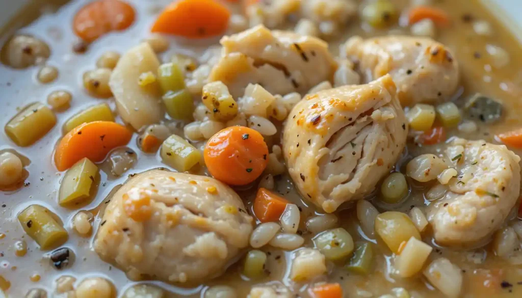 Close-up of creamy chicken and wild rice soup textures.