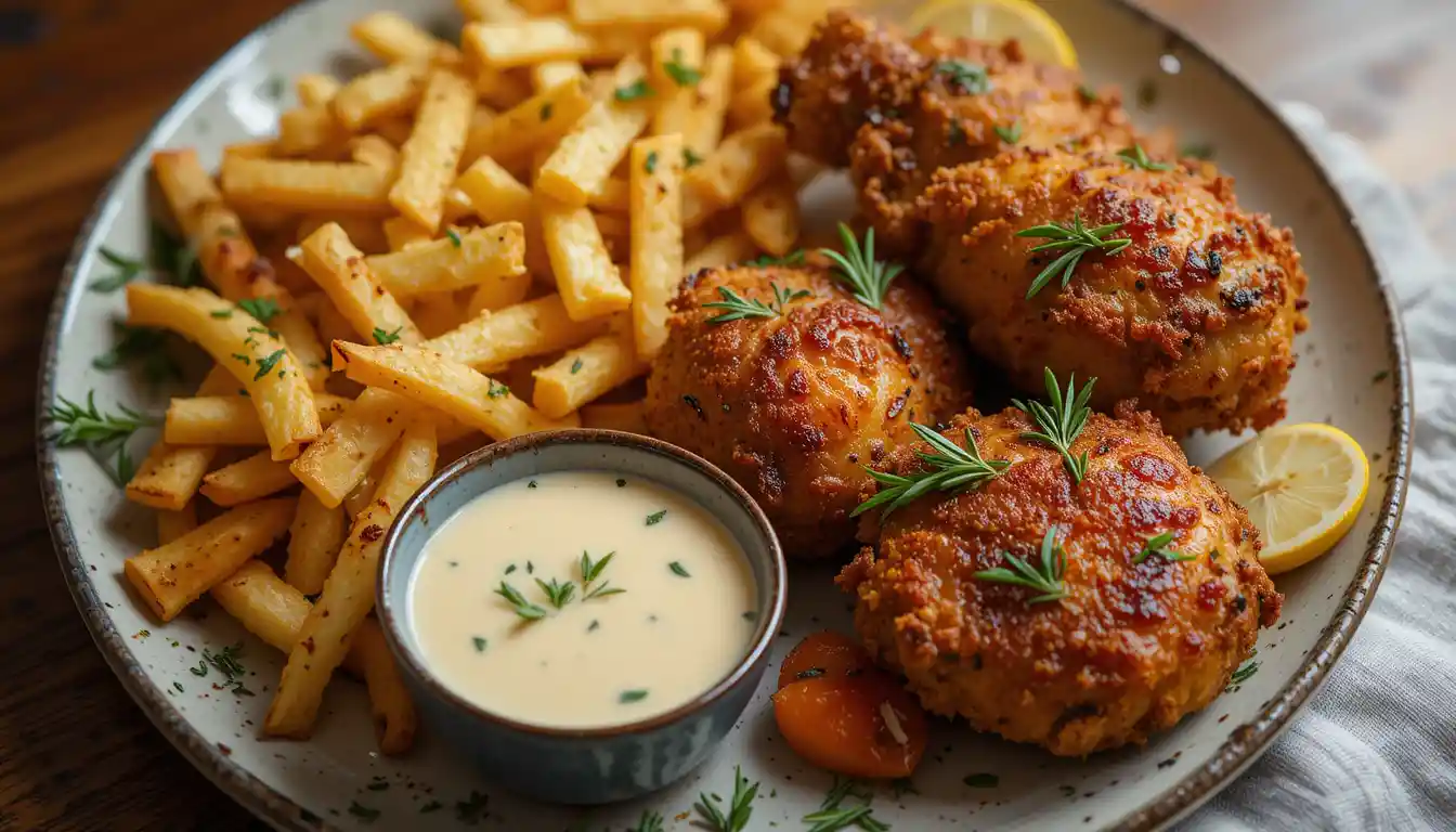 Crispy rosemary chicken and fries on a sheet pan with fresh rosemary garnish