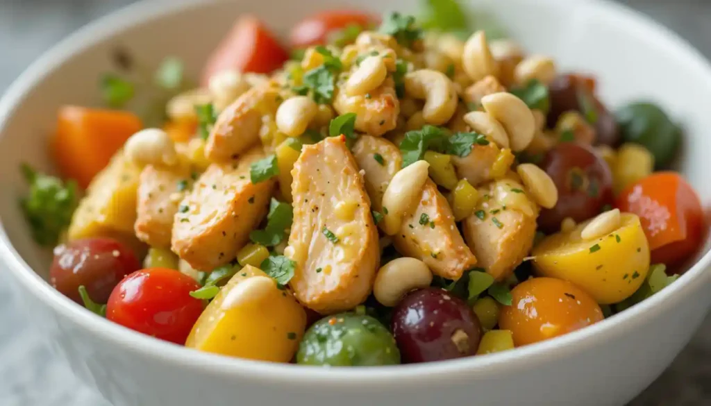 Close-up of fruity curry chicken salad with herbs and nuts.