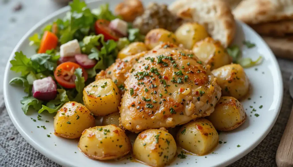 Golden Greek lemon chicken and potato bake with herbs and lemon slices.