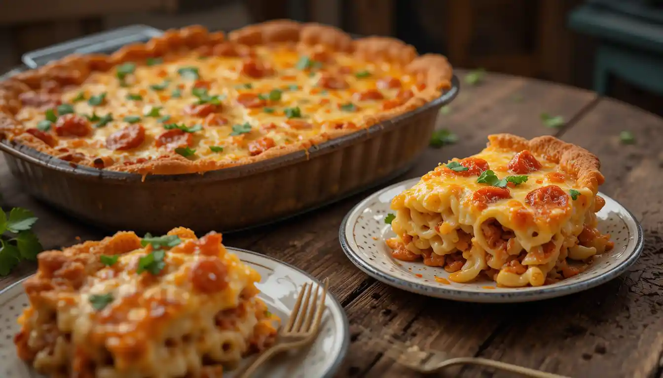 Kids' favorite pizza casserole with pasta, cheese, and toppings fresh out of the oven.