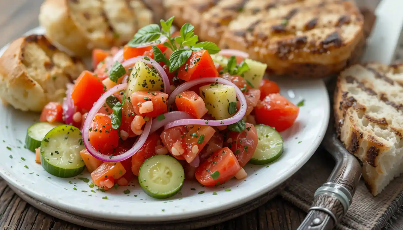 Marinated cucumber, onion, and tomato salad served with grilled chicken.