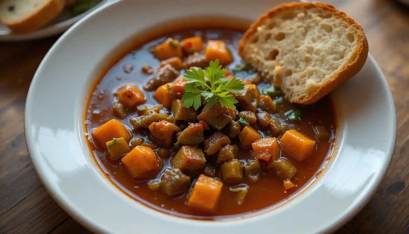 Martha's vegetable beef soup with tender beef, colorful vegetables, and a rich broth.