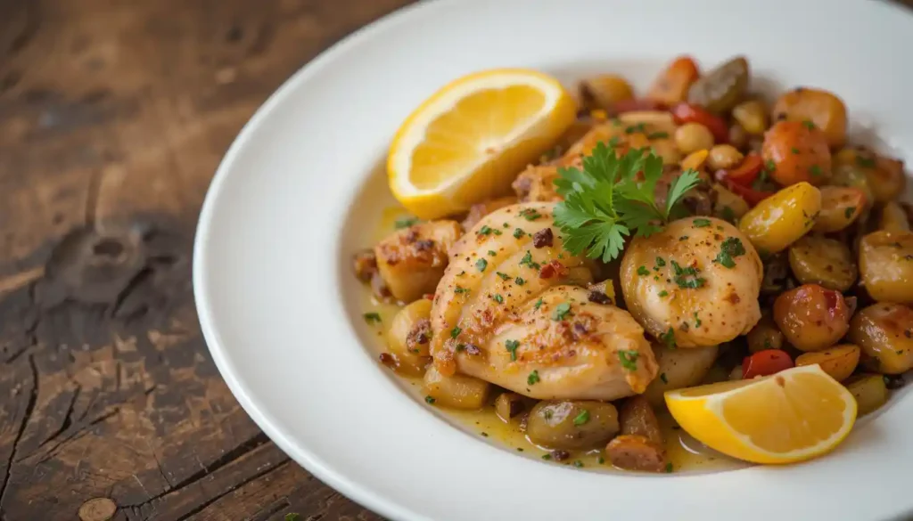 Mediterranean chicken served with roasted vegetables and lemon wedges