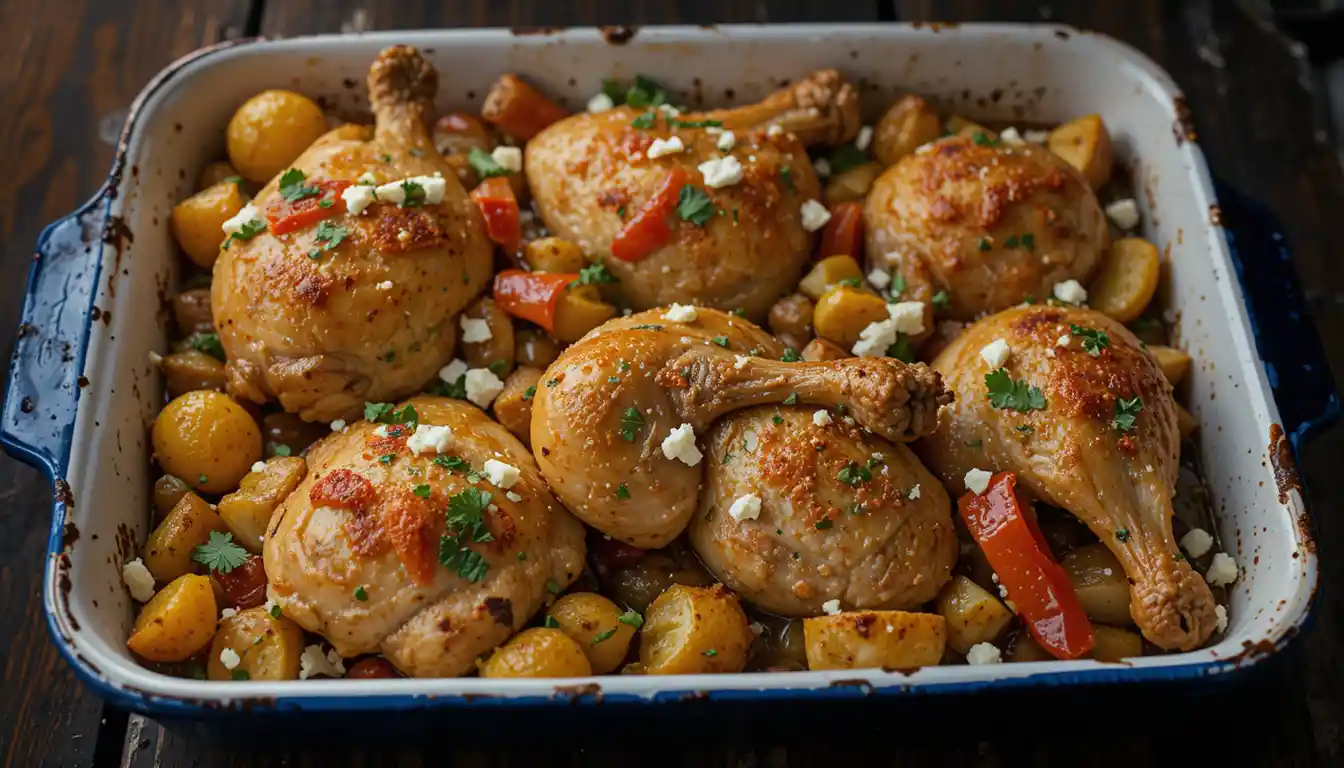 Mediterranean chicken sheet pan dinner with roasted vegetables and fresh lemon garnish.