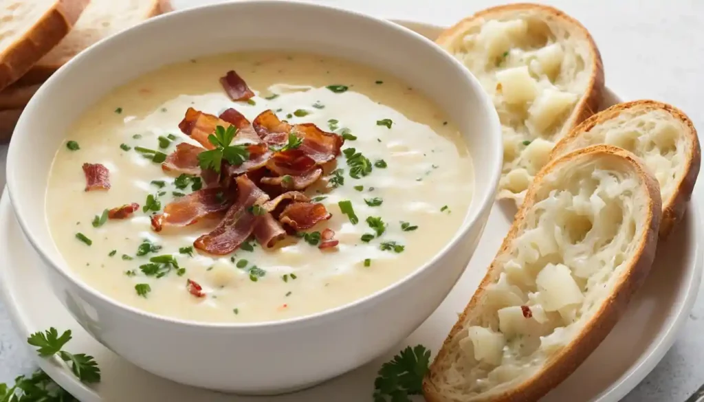 Bowl of old-fashioned potato soup garnished with parsley and bacon.