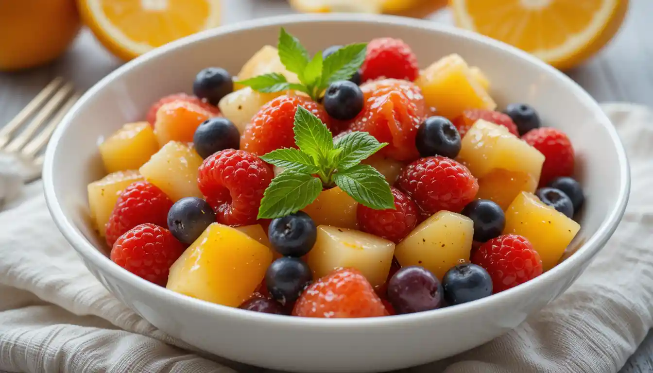 Perfect summer fruit salad with a vibrant mix of fresh seasonal fruits and mint leaves.