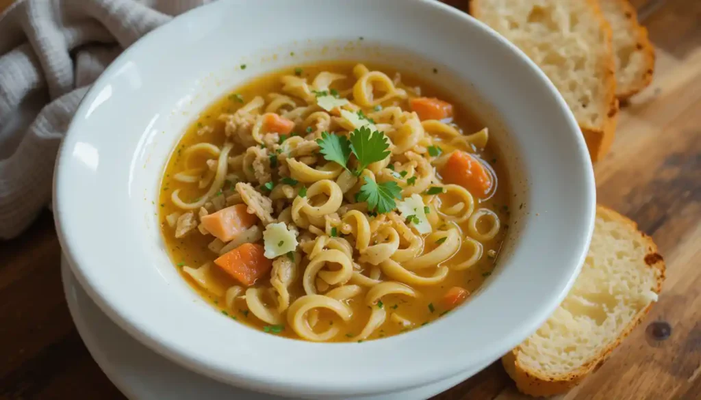 Quick and easy chicken noodle soup with tender chicken, noodles, and vegetables in a golden broth.