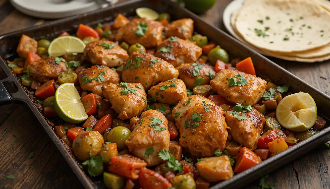 Sheet pan chicken fajitas with tender chicken and roasted bell peppers and onions.