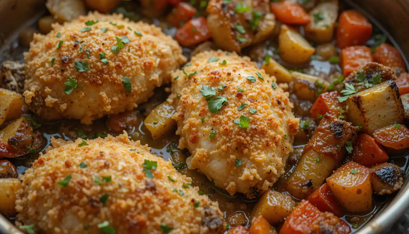 Sheet pan Parmesan chicken and veggies with roasted vegetables and fresh parsley.