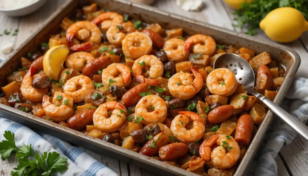 Sheet pan shrimp and sausage bake with roasted vegetables and bold seasonings.