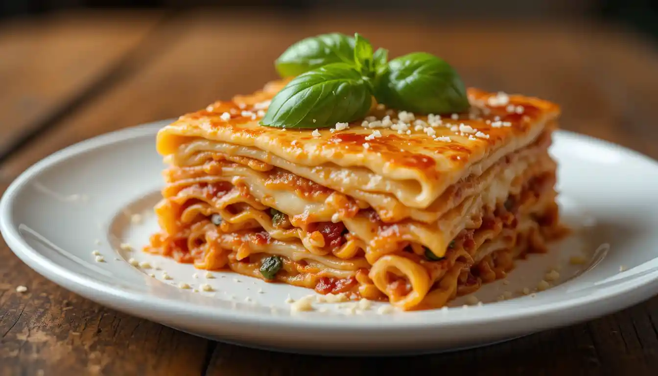 Plated slice of vegetarian four cheese lasagna with fresh basil.