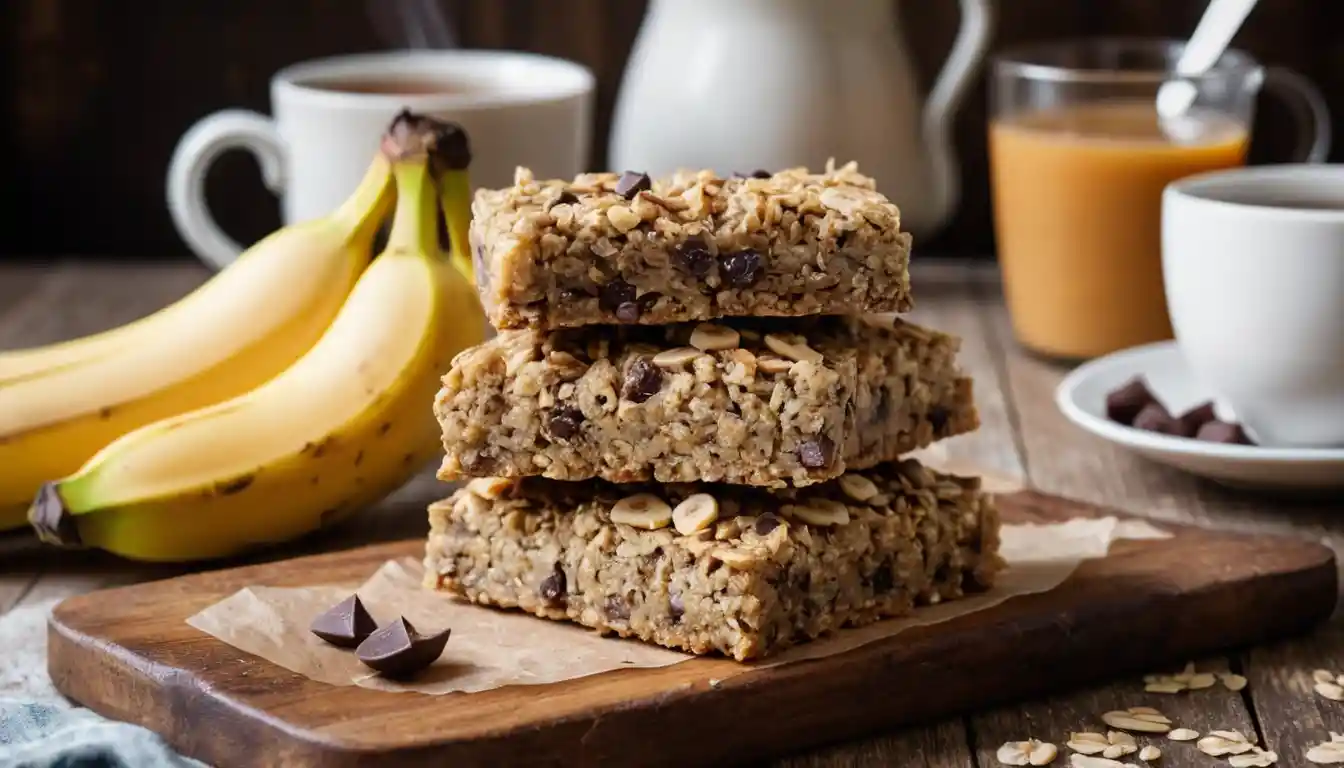 Ingredients for making banana oat bars, including mashed bananas, oats, and peanut butter.