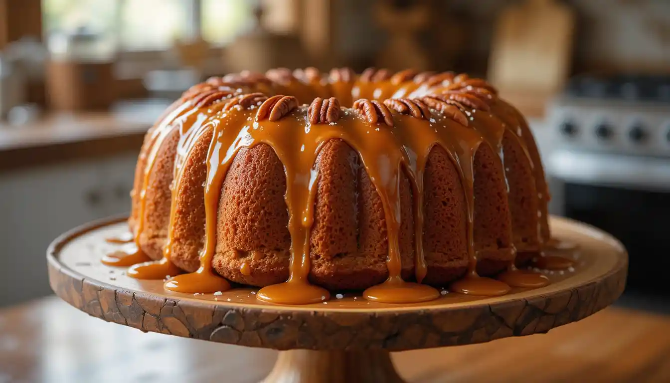 Fresh ingredients for banana pound cake with caramel glaze on a wooden counter.