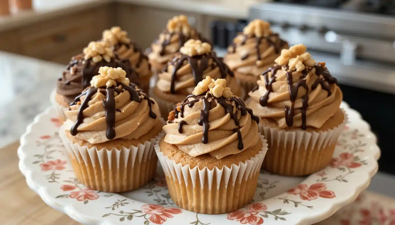 Freshly baked Chunky Monkey Cupcakes topped with frosting and nuts.