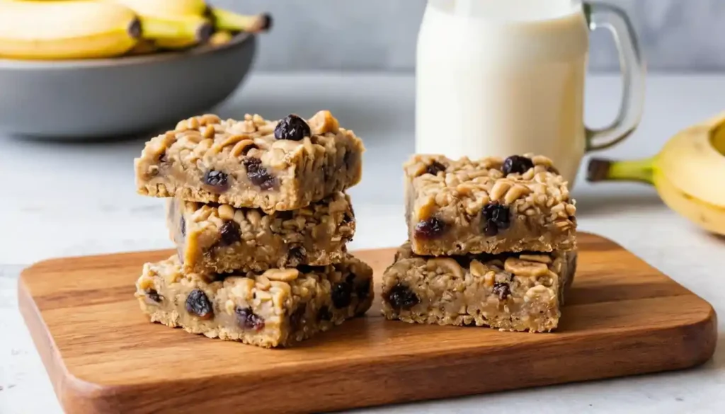 Freshly baked peanut butter banana oatmeal raisin bars stacked on a wooden board.