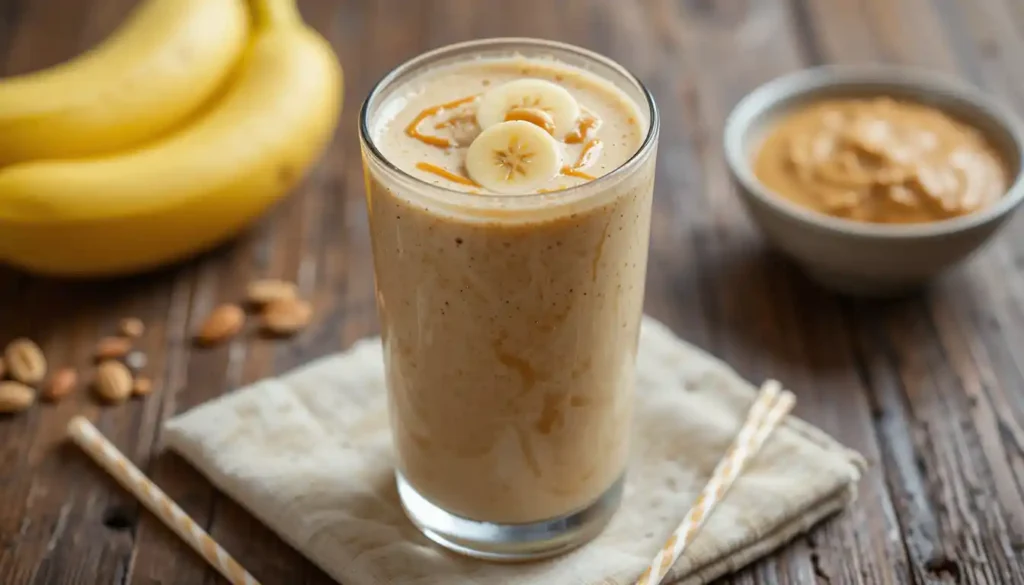 Fresh ingredients for a Peanut Butter Banana Smoothie on a kitchen counter.