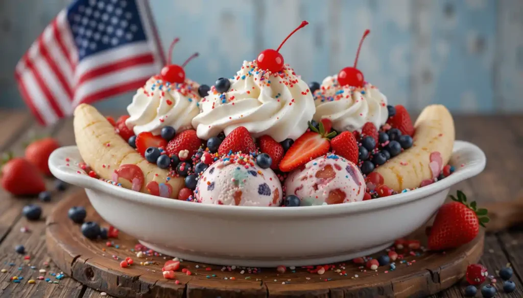 A classic Uncle Sam Banana Split with red, white, and blue toppings.